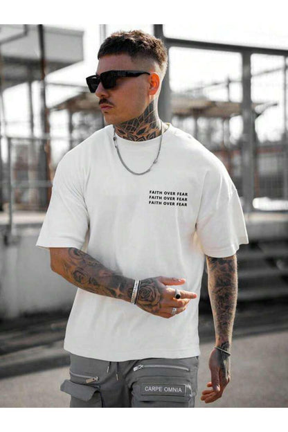 FAITH OVER FEAR Baskılı Oversize Pamuklu Tshirt T-Shirt Tşört Tişört