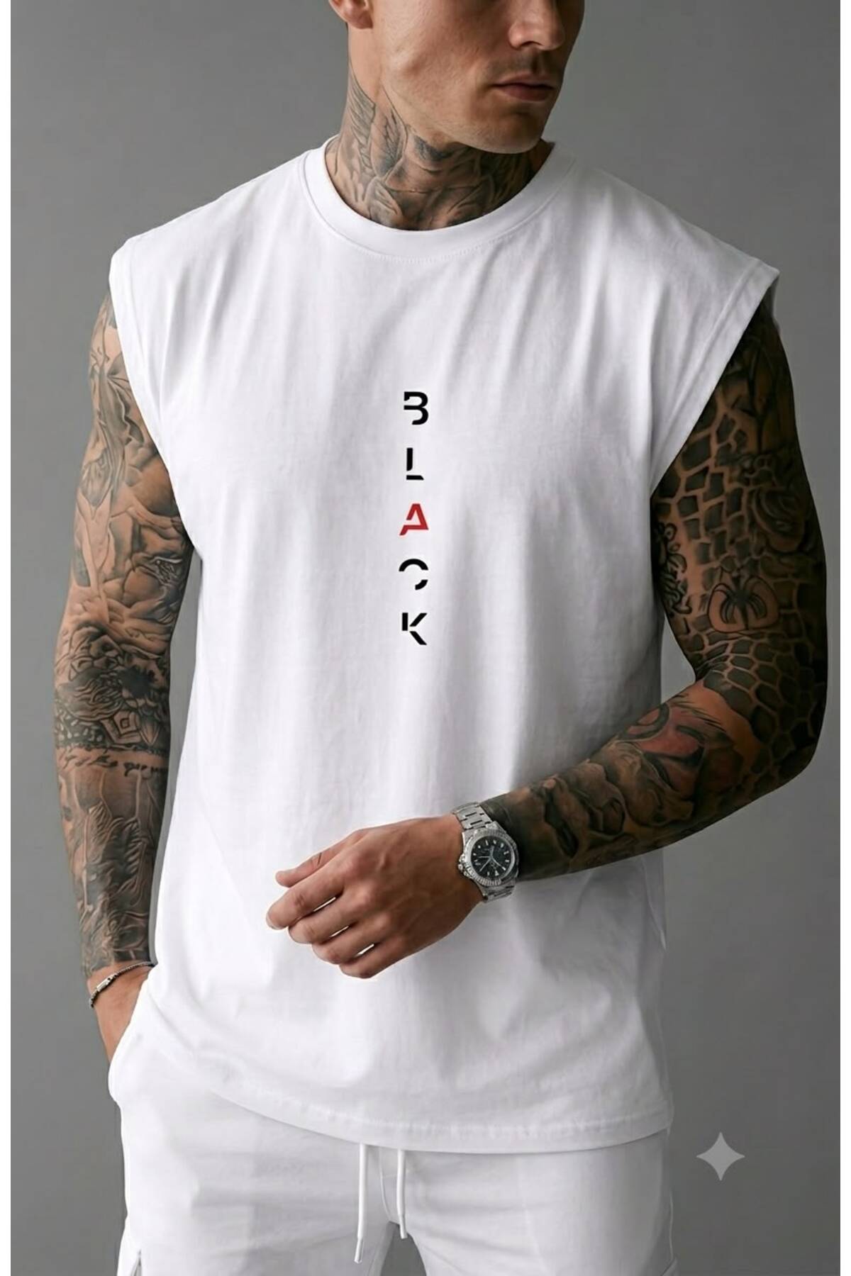 BLACK Baskılı Erkek (Sıfır Kol) Kolsuz Sporcu Atlet T-shirt