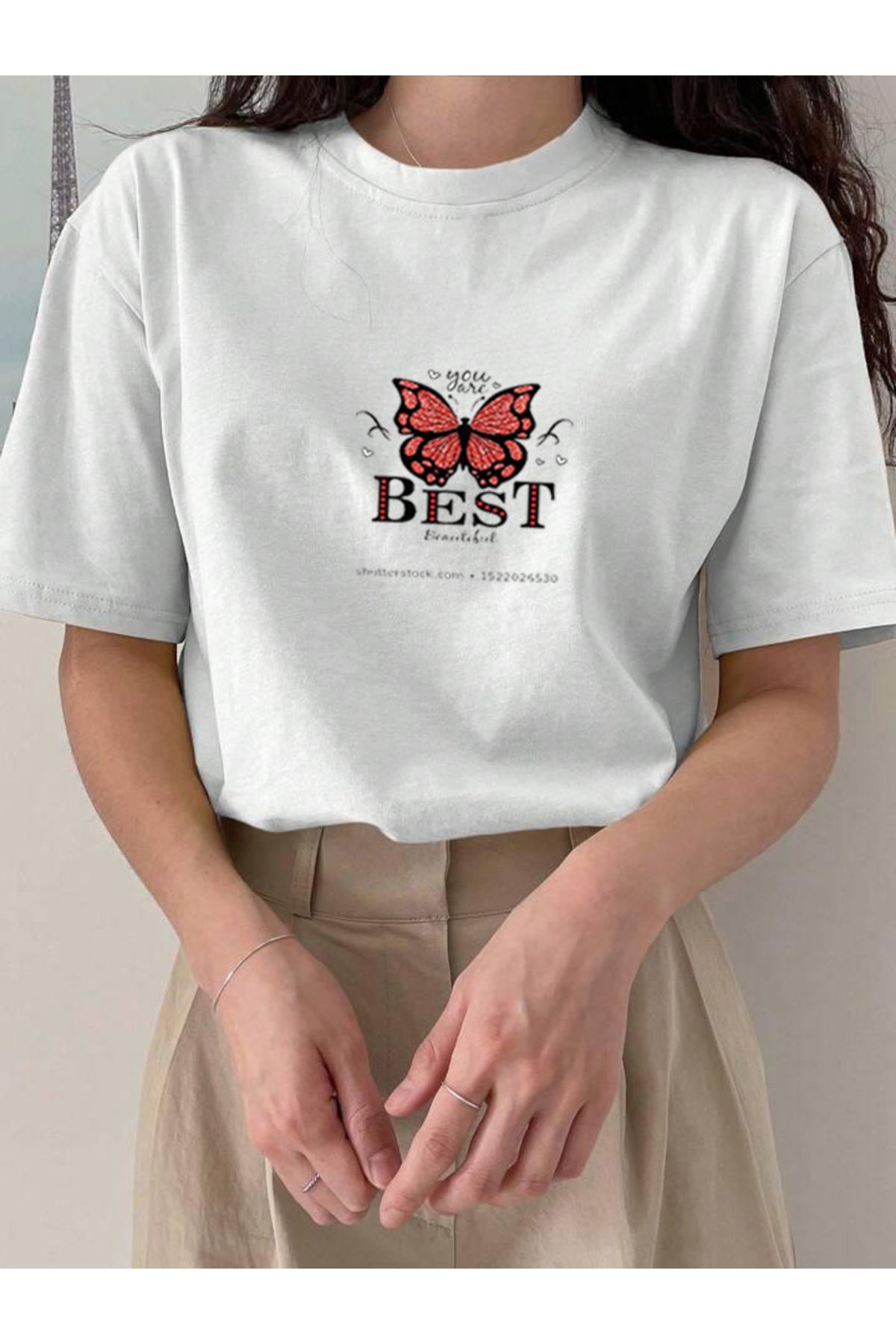 BEST Kelebek Baskılı Pamuklu Kısa Kol (Oversize) Tshirt