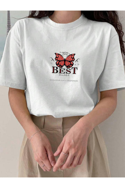 BEST Kelebek Baskılı Pamuklu Kısa Kol (Oversize) Tshirt