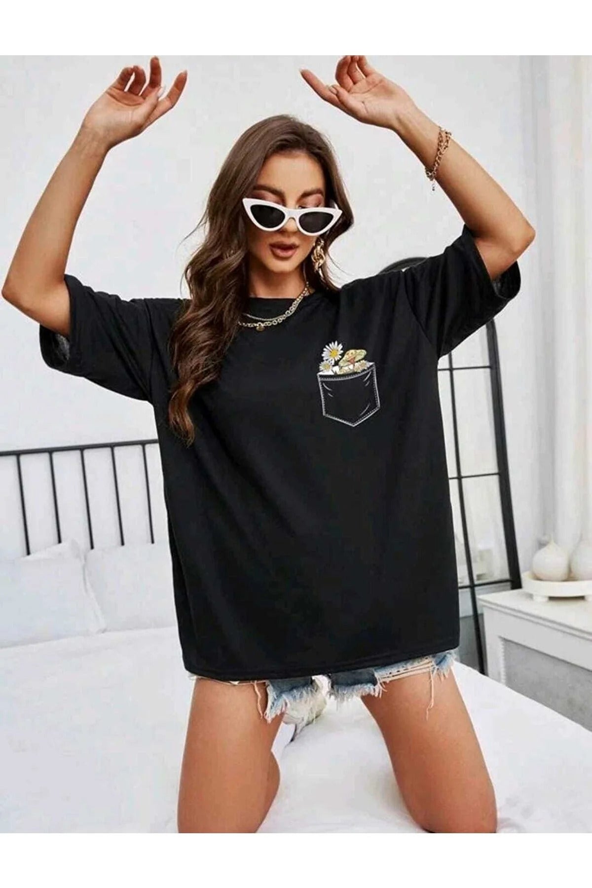 Çiçek Baskılı Unisex Oversize Tshirt