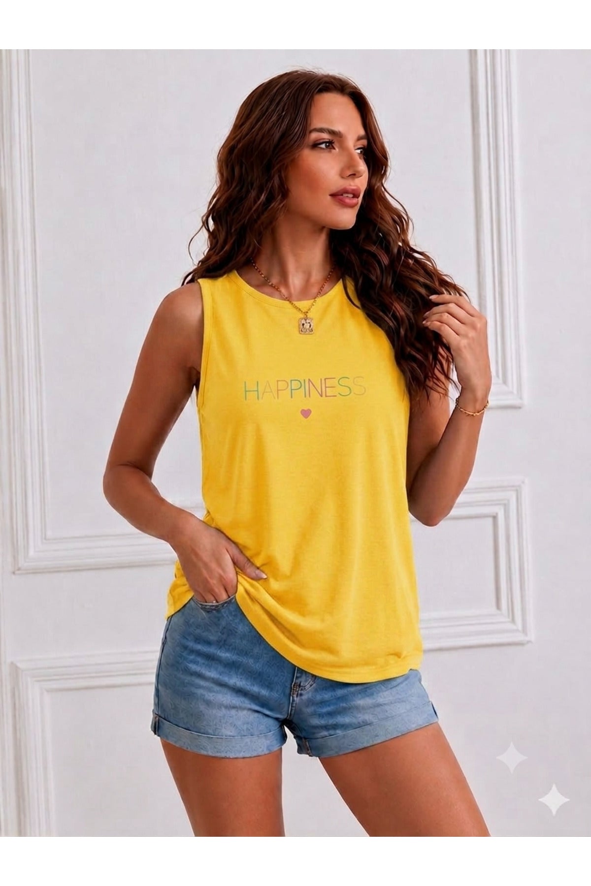 HAPPINESS Baskılı Kadın (Omuzu Açık) Askılı Kolsuz Tshirt