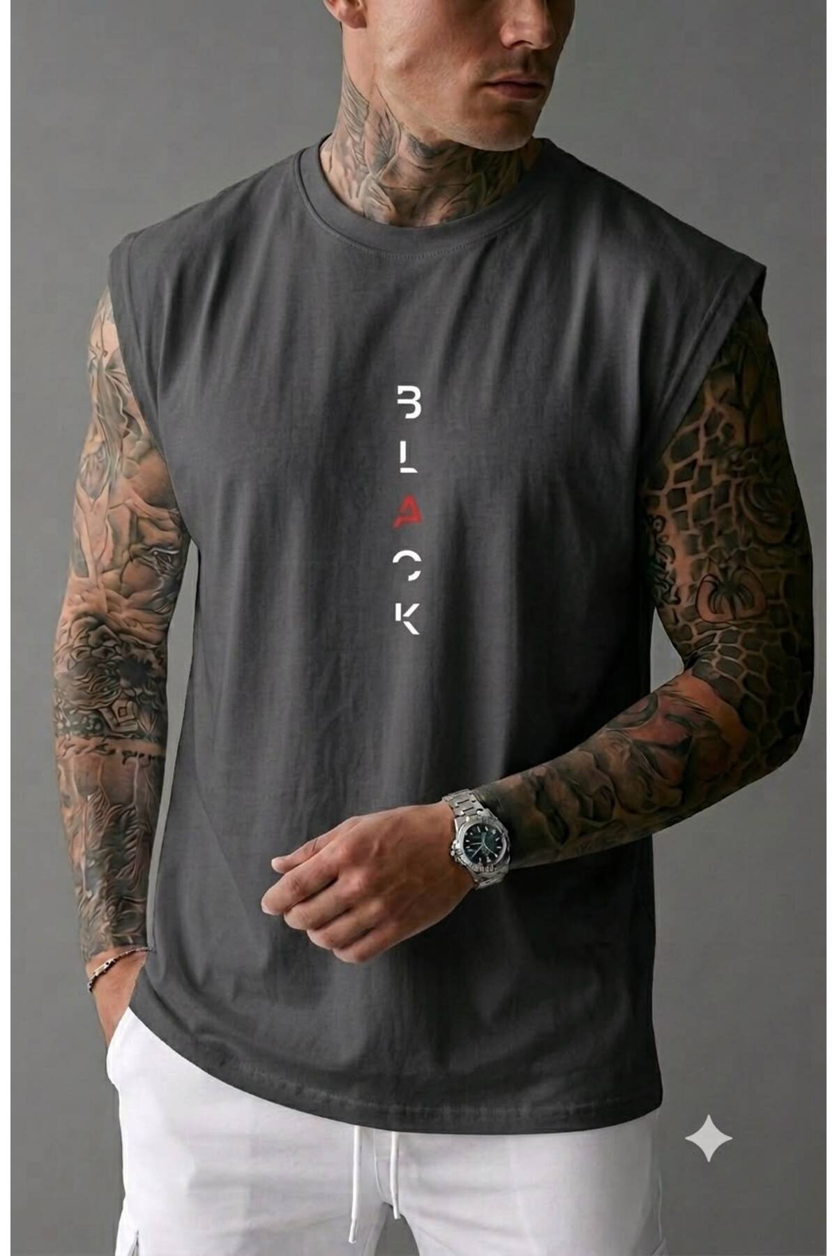 BLACK Baskılı Erkek (Sıfır Kol) Kolsuz Sporcu Atlet T-shirt