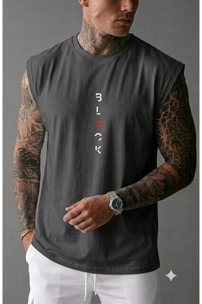 BLACK Baskılı Erkek (Sıfır Kol) Kolsuz Sporcu Atlet T-shirt
