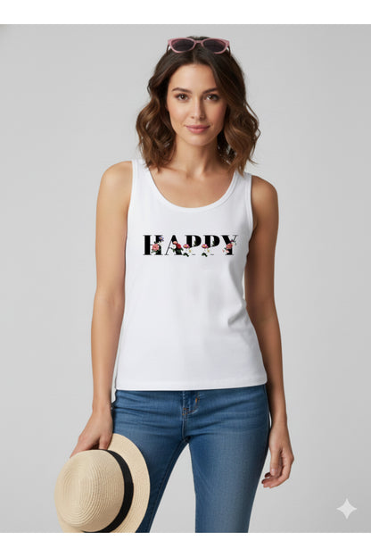 HAPPY Baskılı Omuzu Açık Kadın Atlet T-Shirt