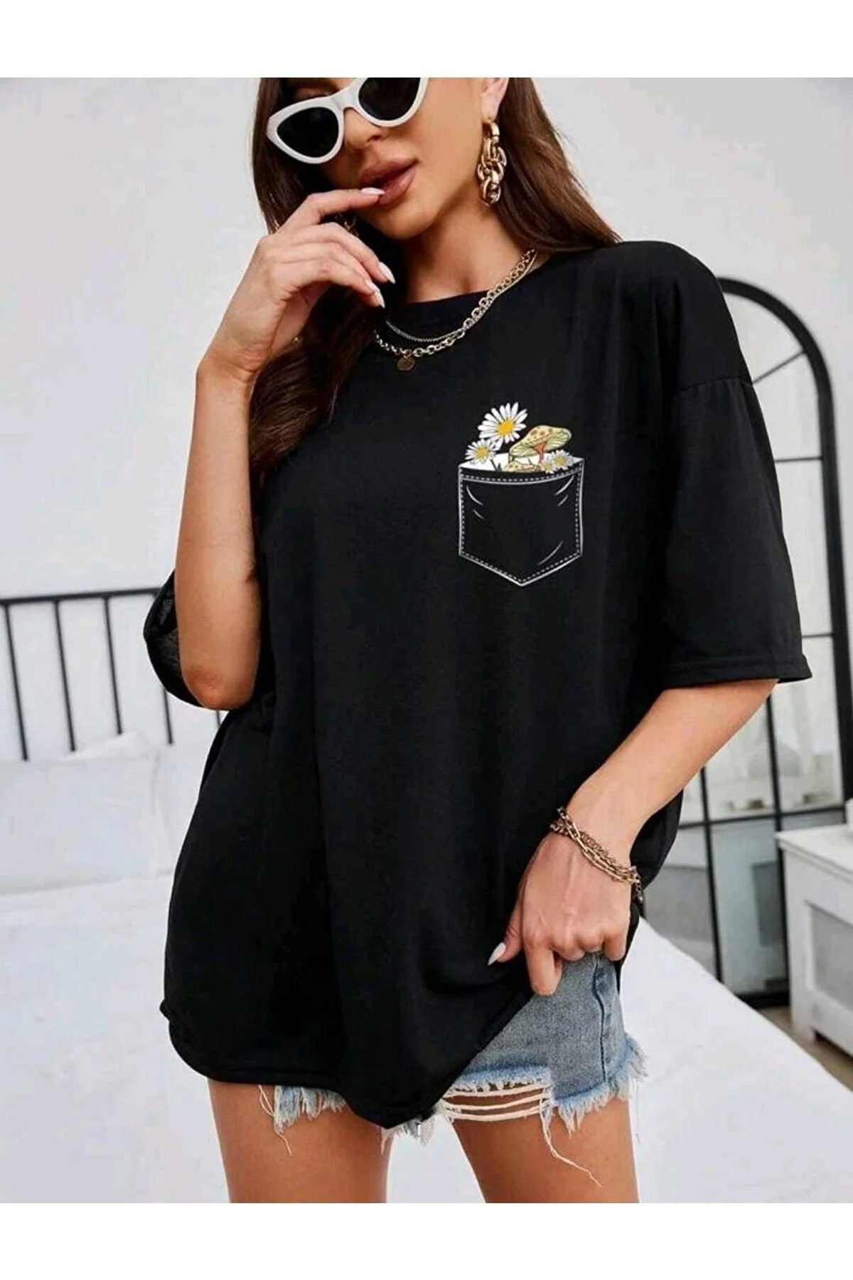 Çiçek Baskılı Unisex Oversize Tshirt