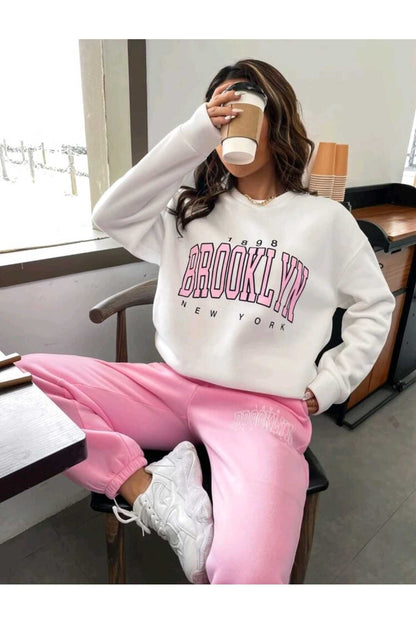 Brooklyn Baskılı Alt Üst Takım Pamuklu Spor Bisiklet Yaka Sweatshirt Ve Lastikli Eşofman Altı