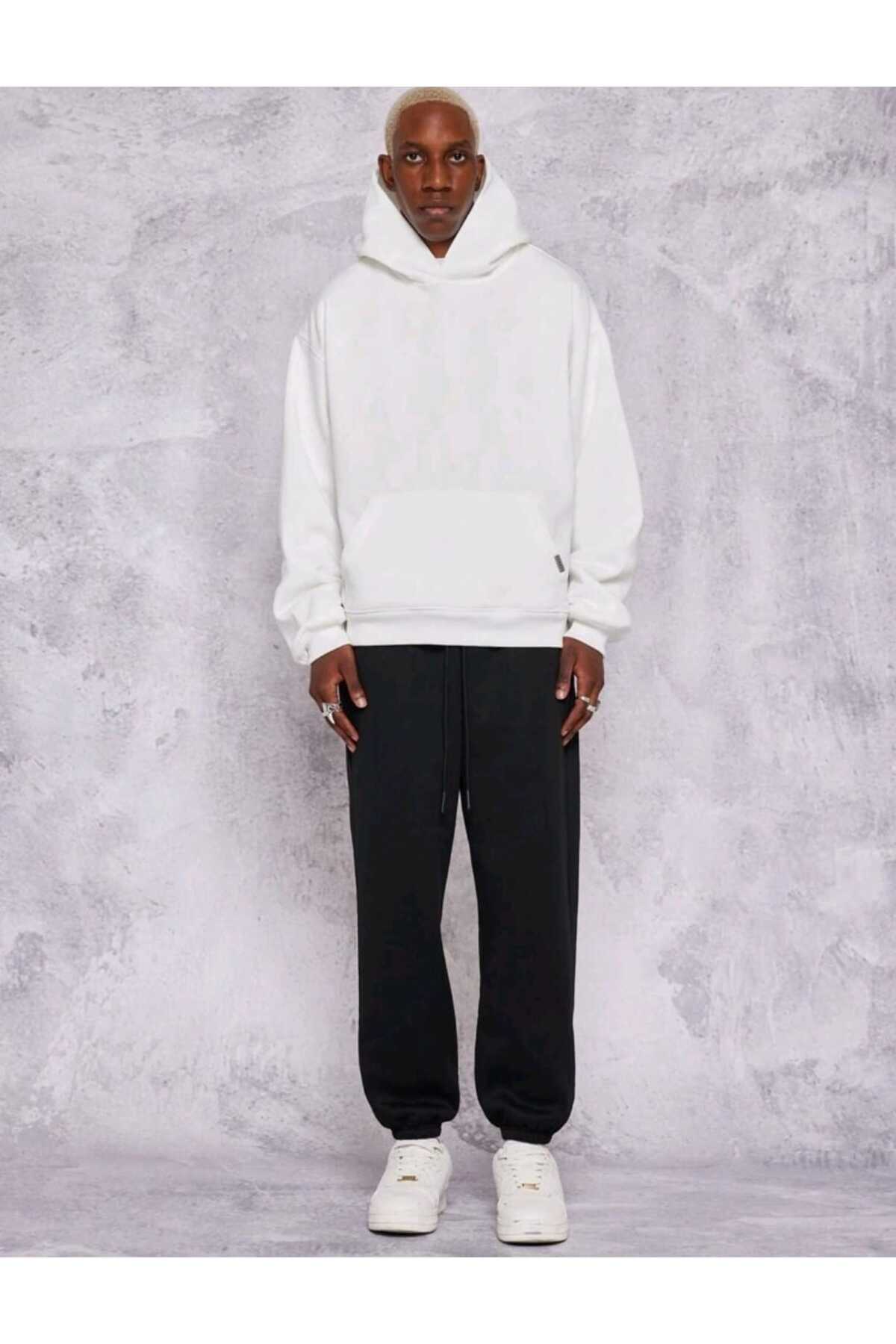 Basic baskısız pamuklu oversize kapüşonlu