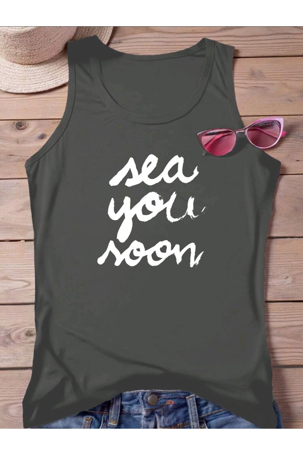 Sea You Noon Baskılı Omuzu Açık Kadın Pamuklu Kolsuz Yazlık T-shirt Atlet