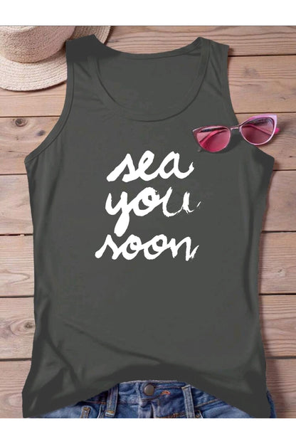 Sea You Noon Baskılı Omuzu Açık Kadın Pamuklu Kolsuz Yazlık T-shirt Atlet
