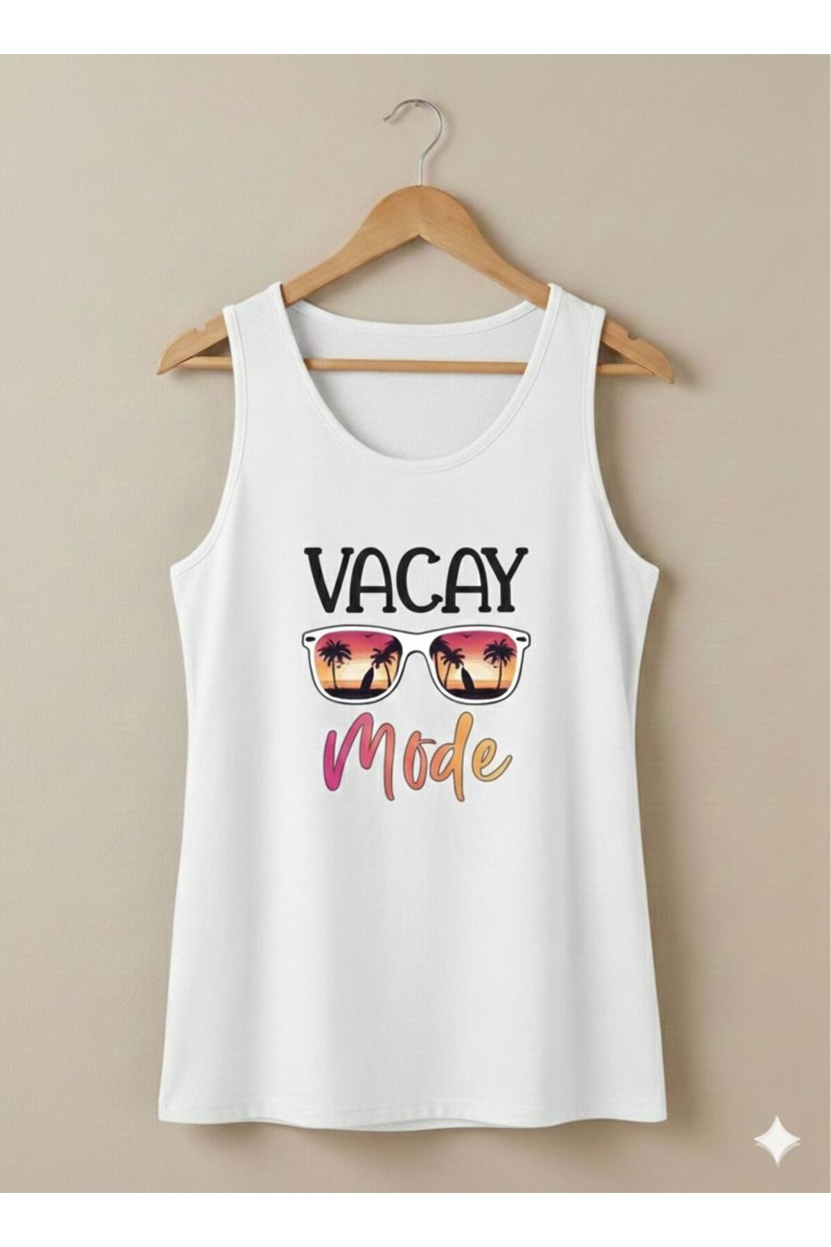 Vacay Mode Baskılı Kadın Beyaz Omuzu Açık Askılı Yazlık Pamuklu T-shirt