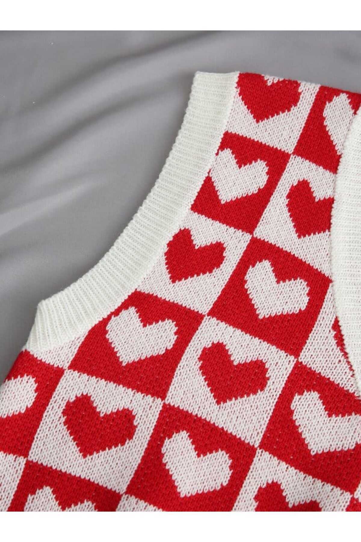 V-NECK COTTON SWEATER WITH HEARTS Süveter KALPLİ