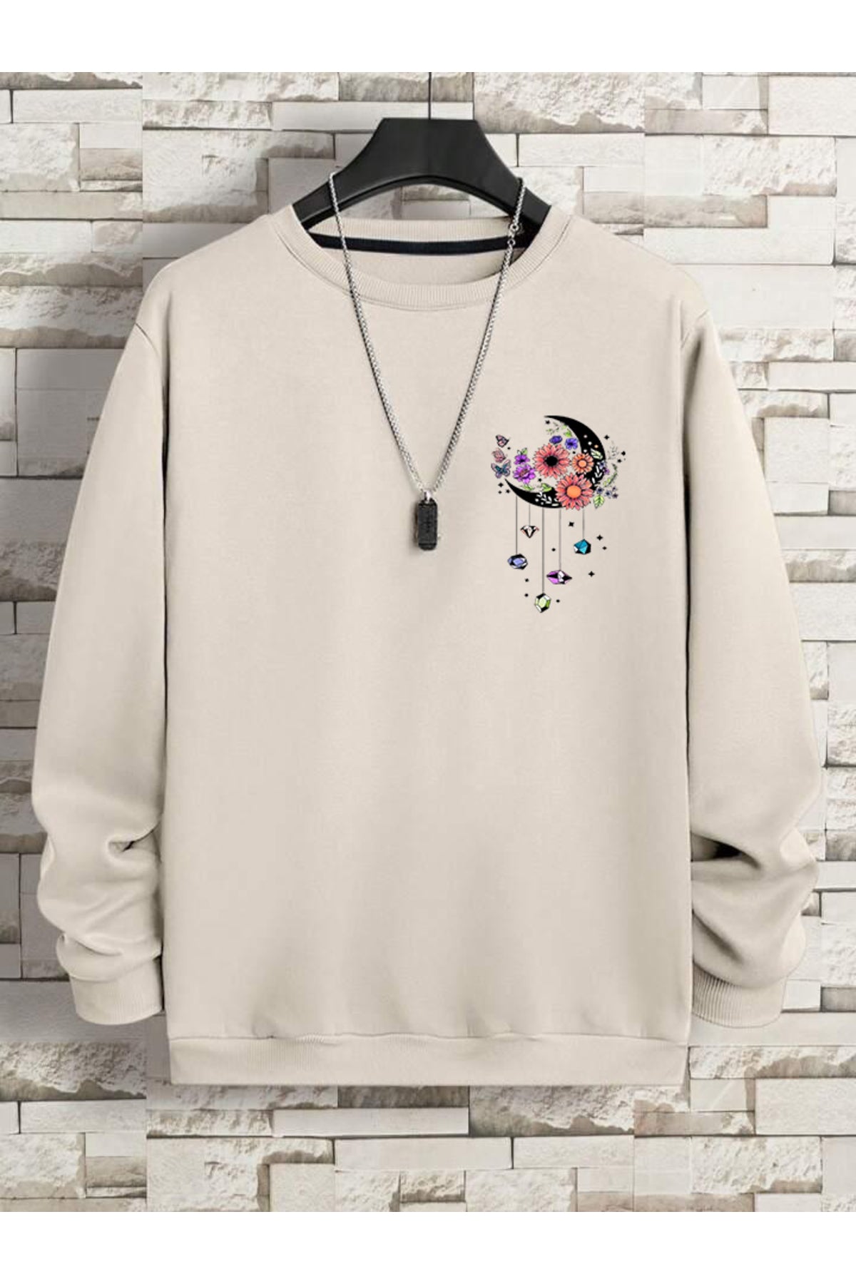 MOON Baskılı Oversize Kalıp Bisiklet Yaka Sweatshirt