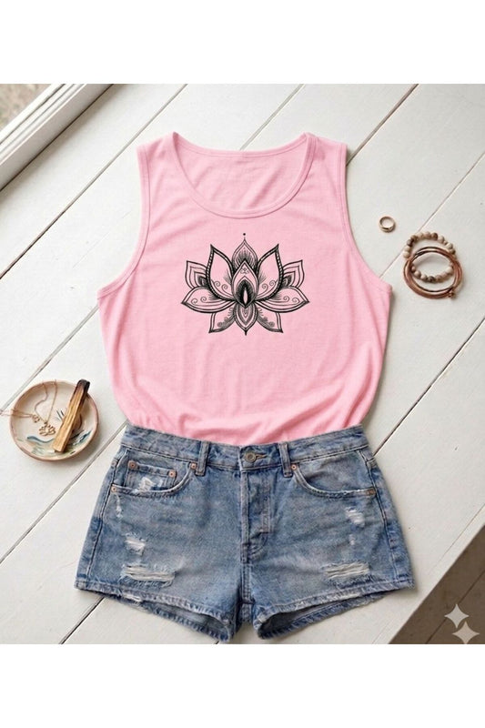 LOTUS Çiçeği Baskılı Kadın (Omuzu Açık) Slim Fit Askılı T-shirt