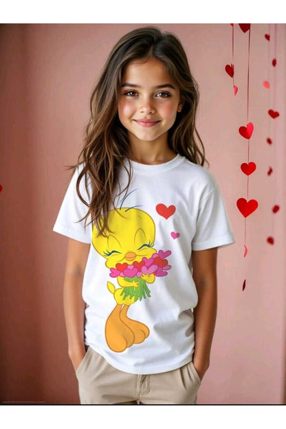 Kalpler Baskılı Bisiklet Yaka Pamuklu T-shirt