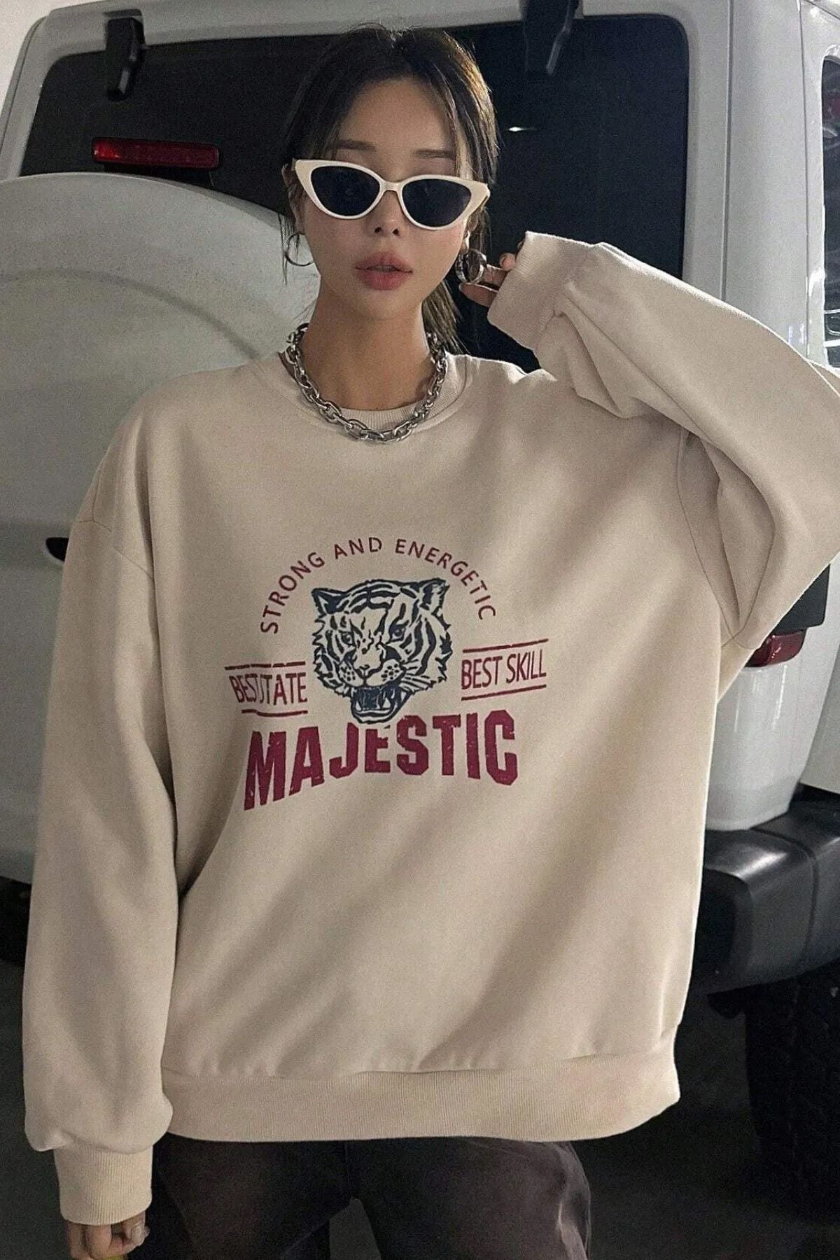Majestic Baskılı Bisiklet Yaka Sweatshirt