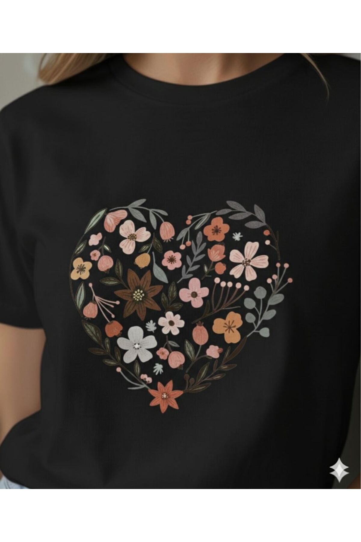 Kalp ve Laleler Baskılı Kadın Bisiklet Yaka Tshirt