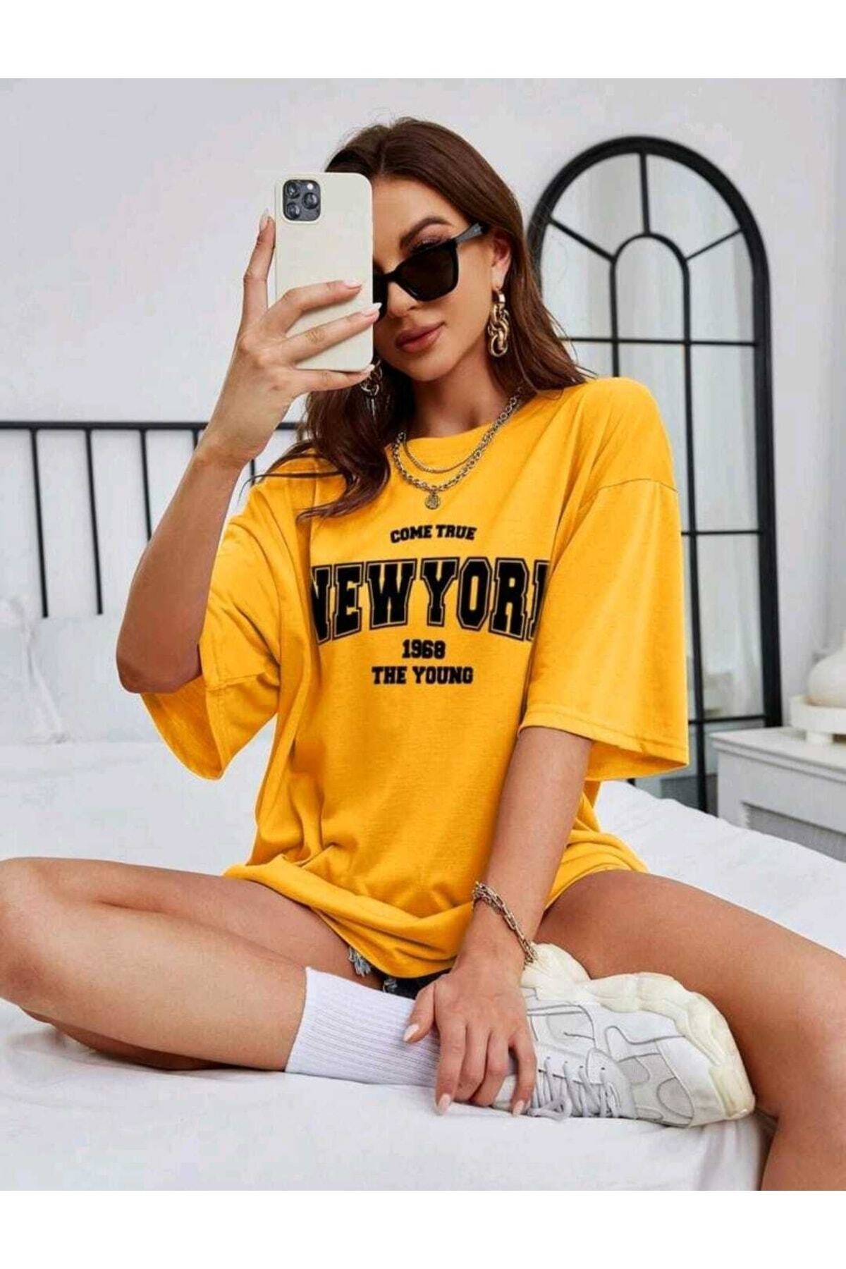 Come True New York Baskılı Oversize Spor Bisiklet Yaka Pamuklu Tshirt