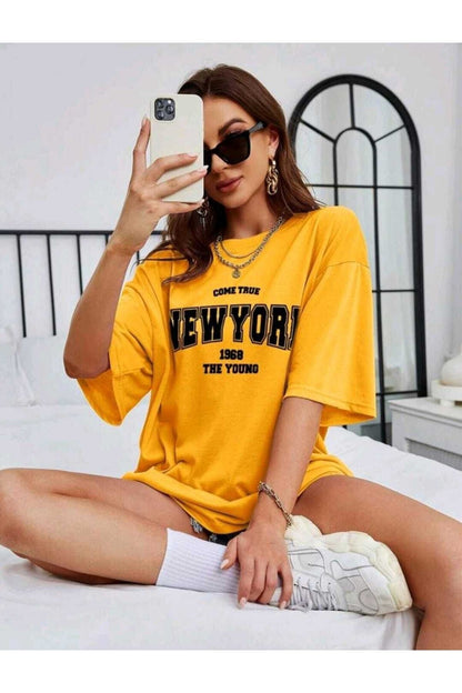 Come True New York Baskılı Oversize Spor Bisiklet Yaka Pamuklu Tshirt