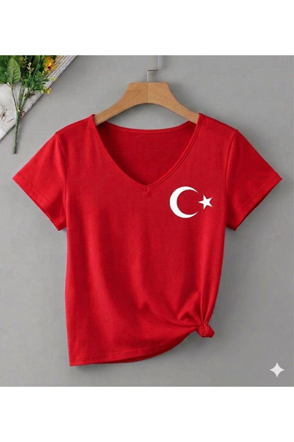 ATATÜRK ve TÜRK BAYRAĞI Baskılı MİX Kadın V YAKA Regular Tshirt