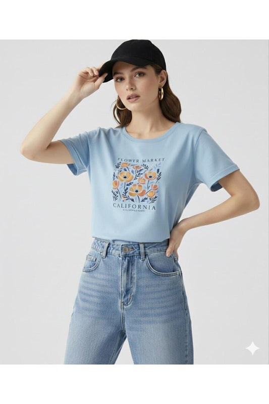 FLOWER MARKET California Baskılı Kadın Bisiklet Yaka Tshirt