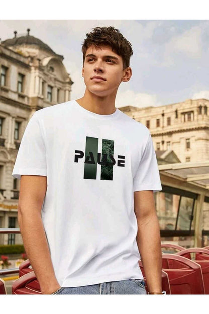 Pause Baskılı Erkek Bisiklet Yaka Pamuklu Tshirt