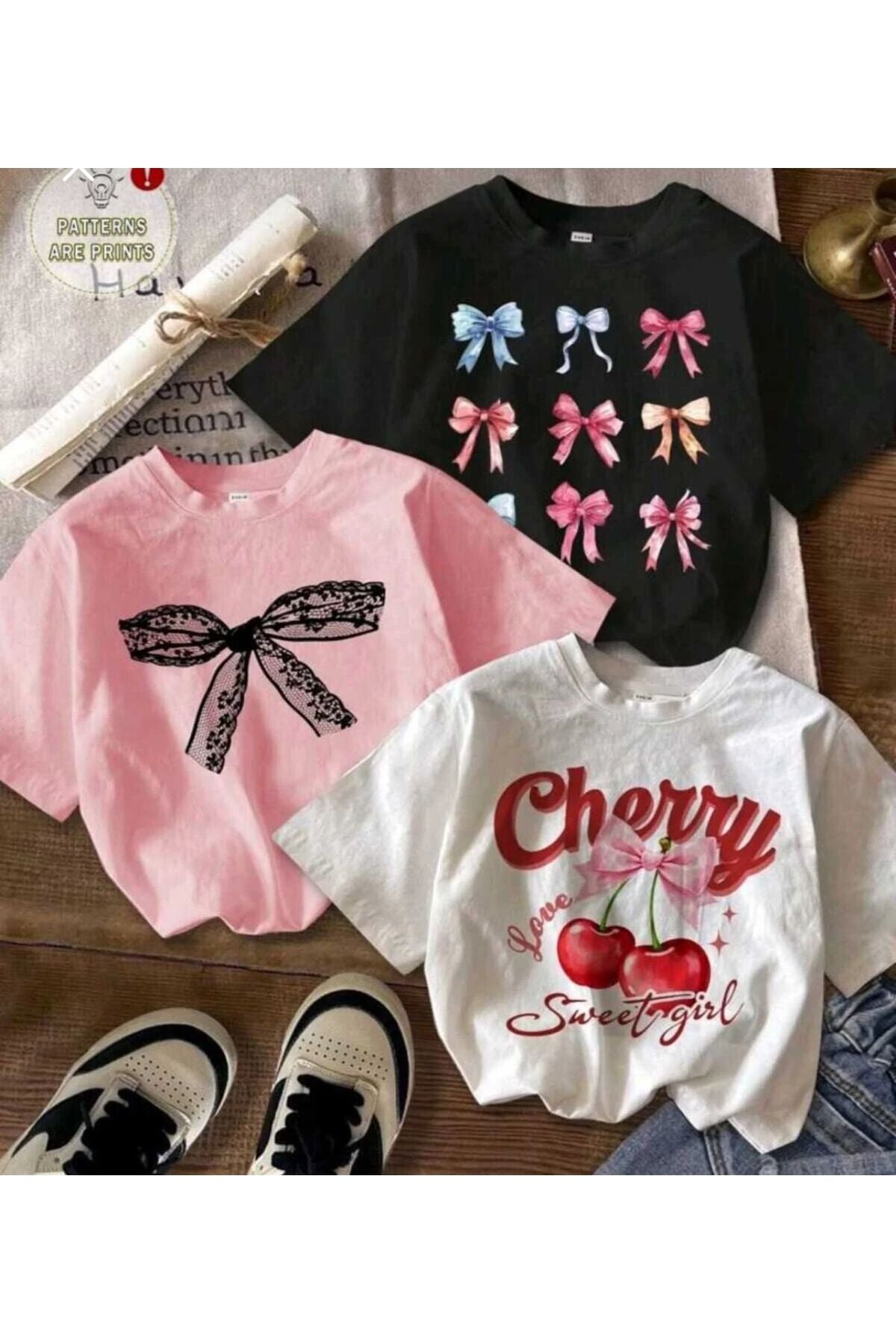 3'lü Paket Cherry Kurdeleler Baskılı Çocuk Pamuklu Tshirt