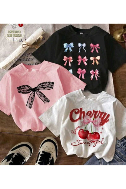 3'lü Paket Cherry Kurdeleler Baskılı Çocuk Pamuklu Tshirt