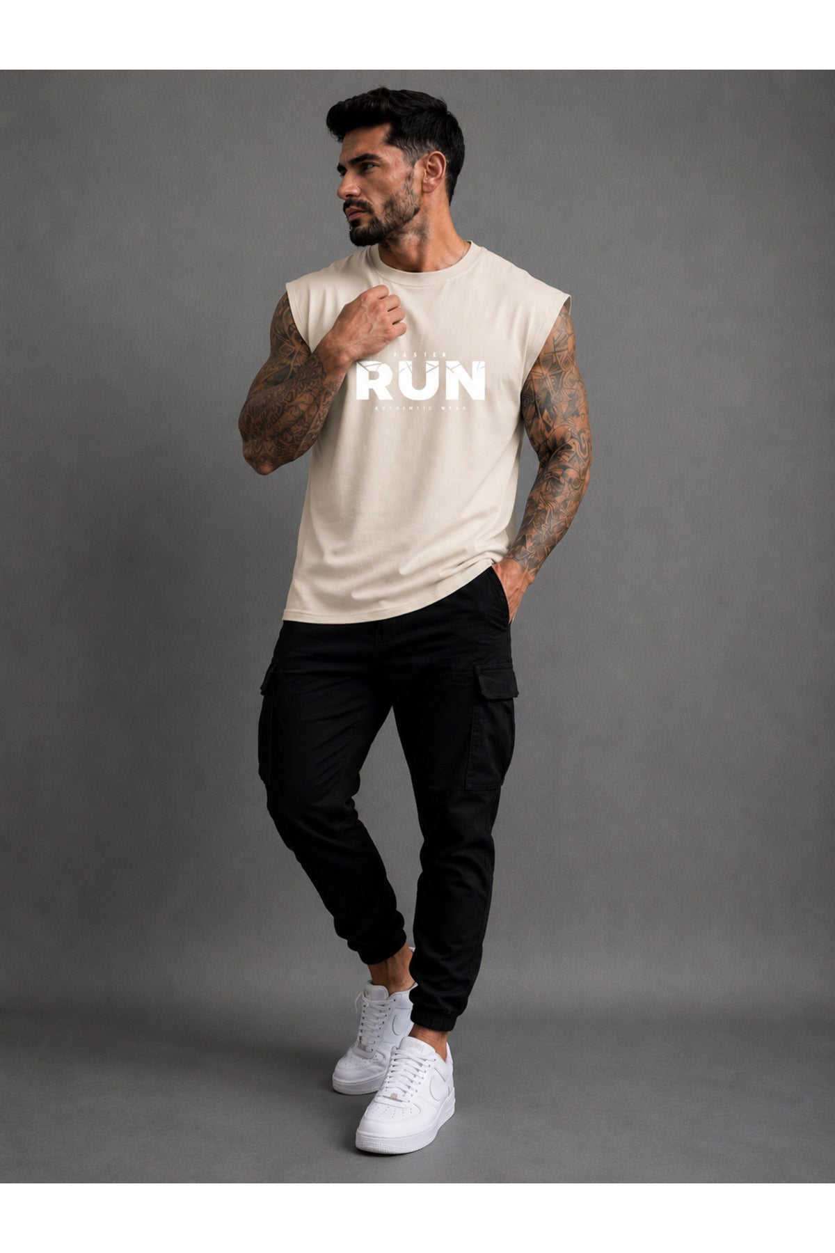 FASTER RUN Baskılı Erkek Sıfır Kol Atlet T-Shirt (%100 PAMUKLU)