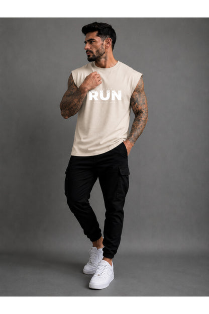 FASTER RUN Baskılı Erkek Sıfır Kol Atlet T-Shirt (%100 PAMUKLU)