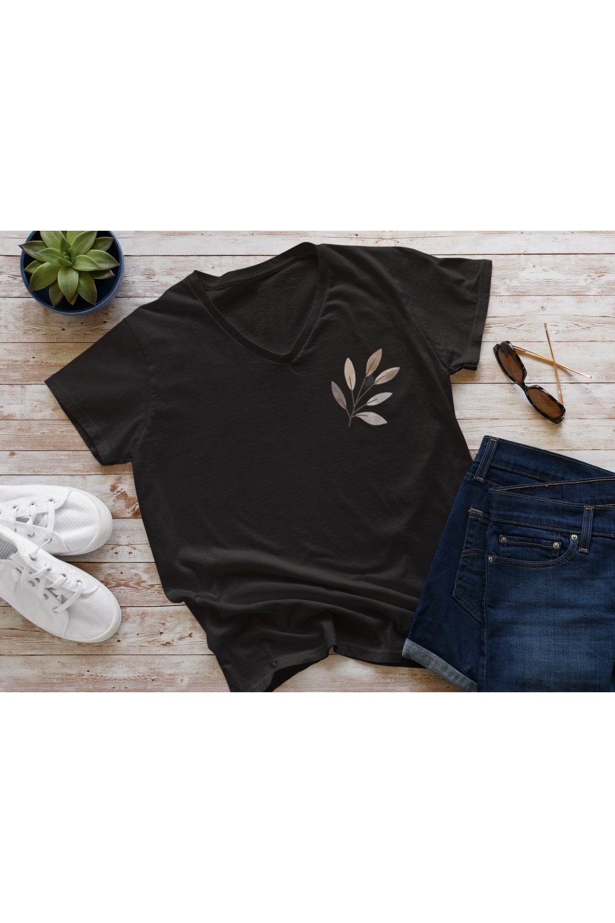 V Yaka Basic Pamuklu  Baskılı Tshirt ZEYTİN DALI