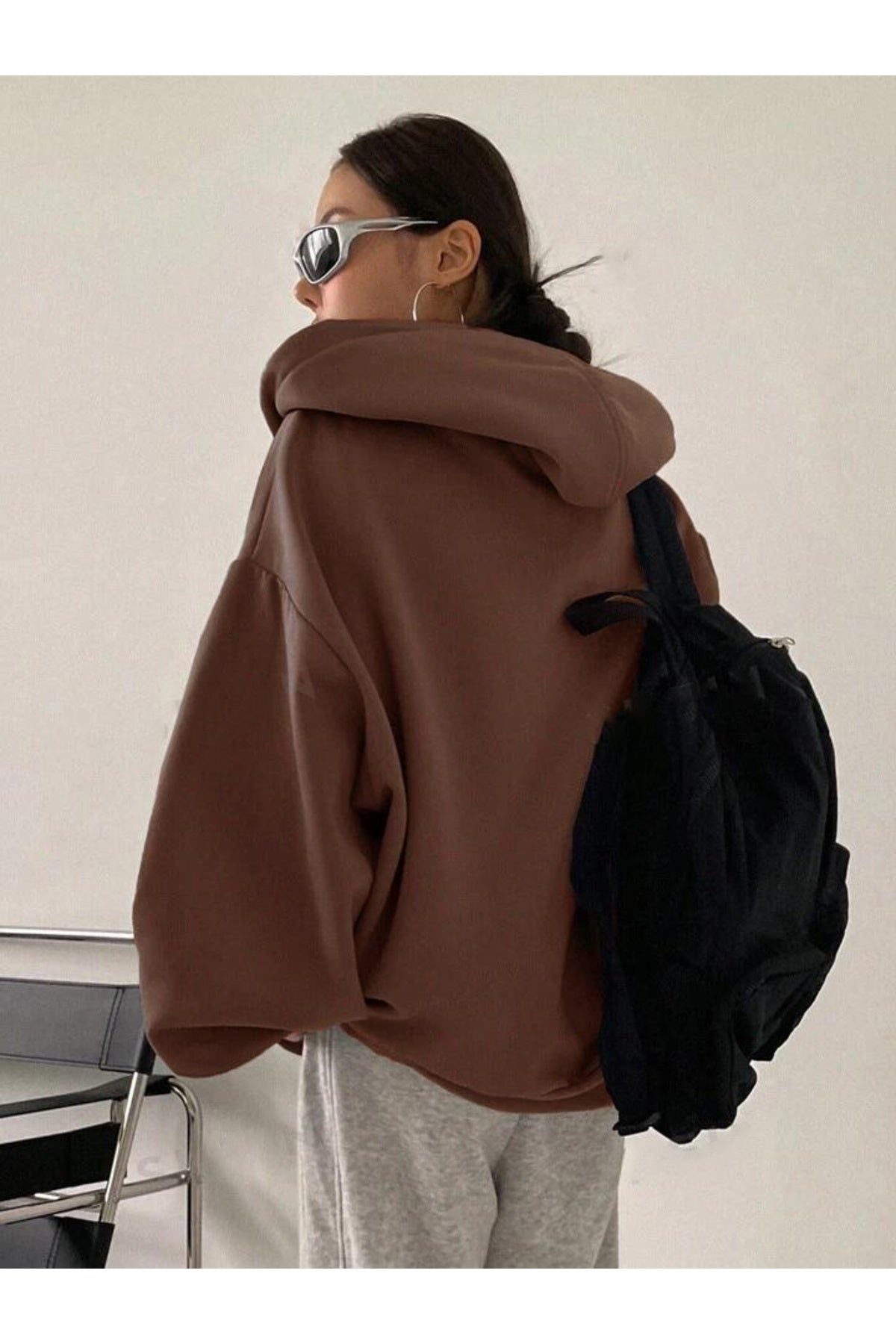 Balon Kol Süper Kalite Pamuklu Unisex Düz Renk Kapüşonlu Oversize Hırka