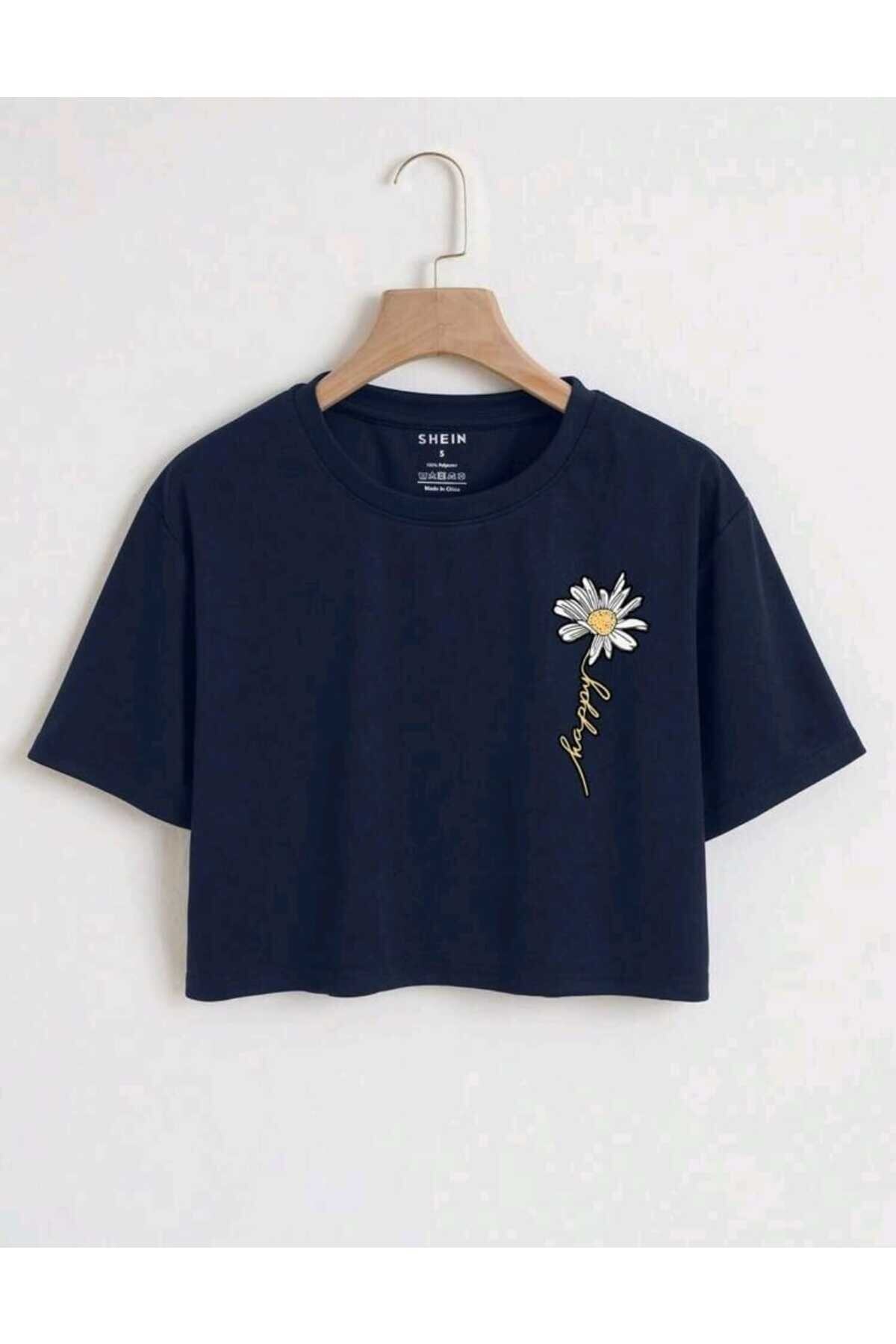 Happy Papatya Baskılı Kadın Oversize Crop T-shirt