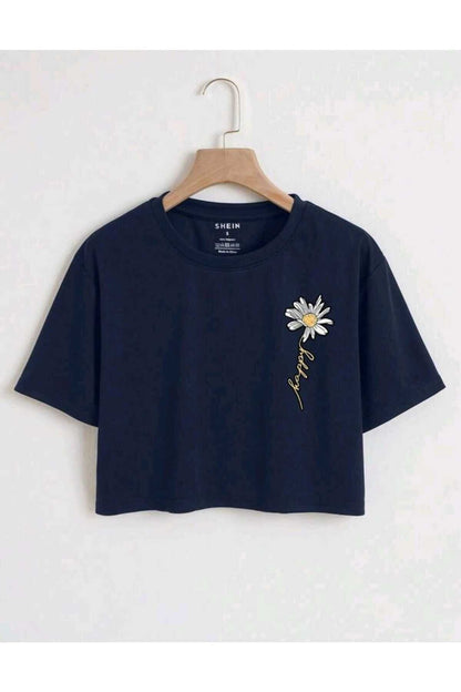 Happy Papatya Baskılı Kadın Oversize Crop T-shirt