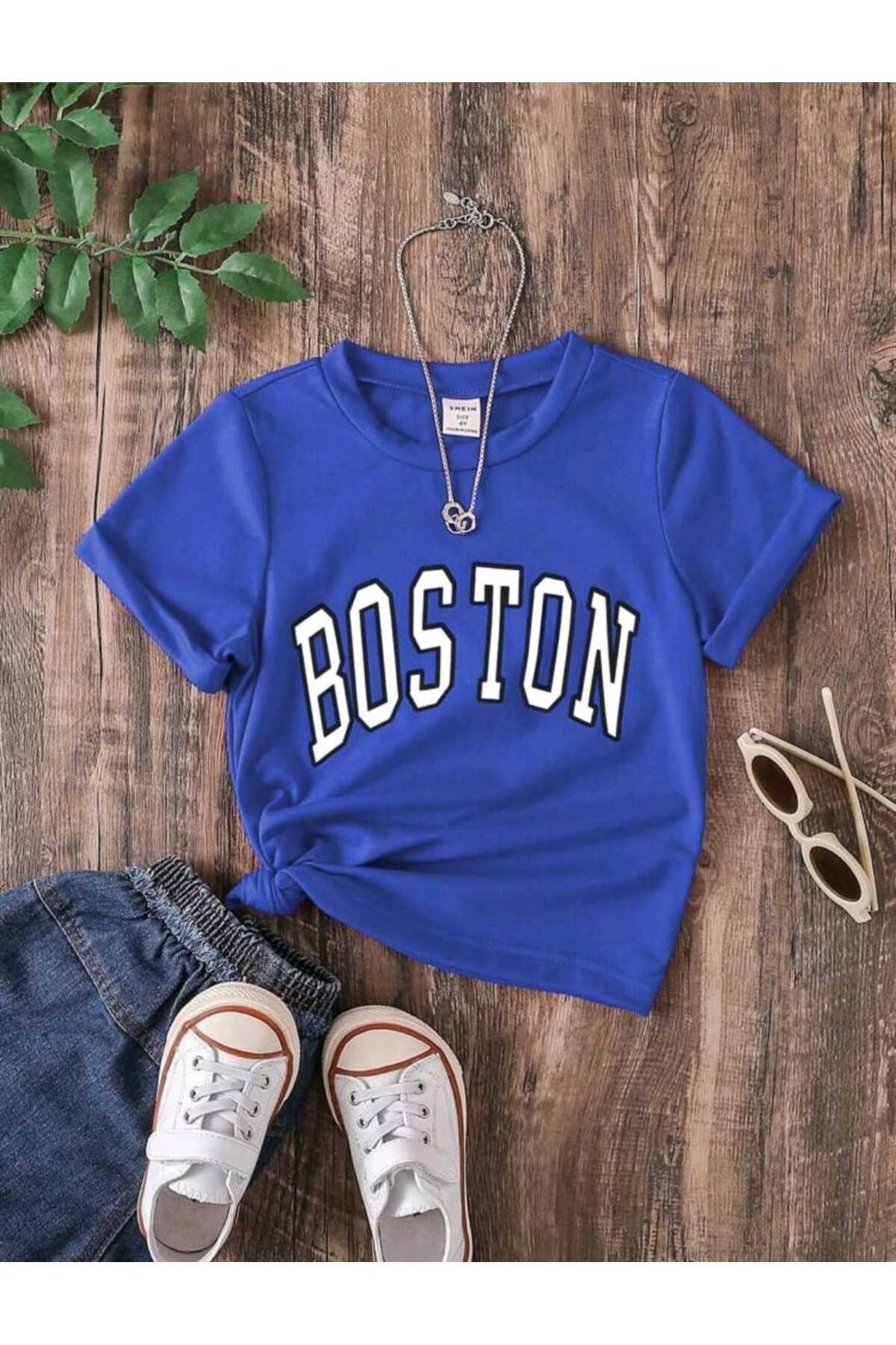 Çocuk BOSTON Baskılı Bisiklet Yaka Pamuklu T-shirt