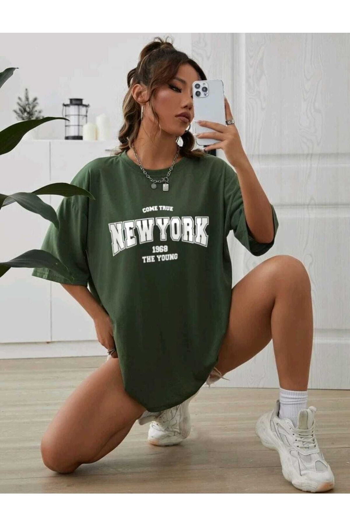 Come True New York Baskılı Oversize Spor Bisiklet Yaka Pamuklu Tshirt