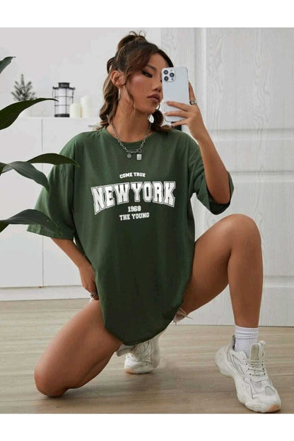 Come True New York Baskılı Oversize Spor Bisiklet Yaka Pamuklu Tshirt