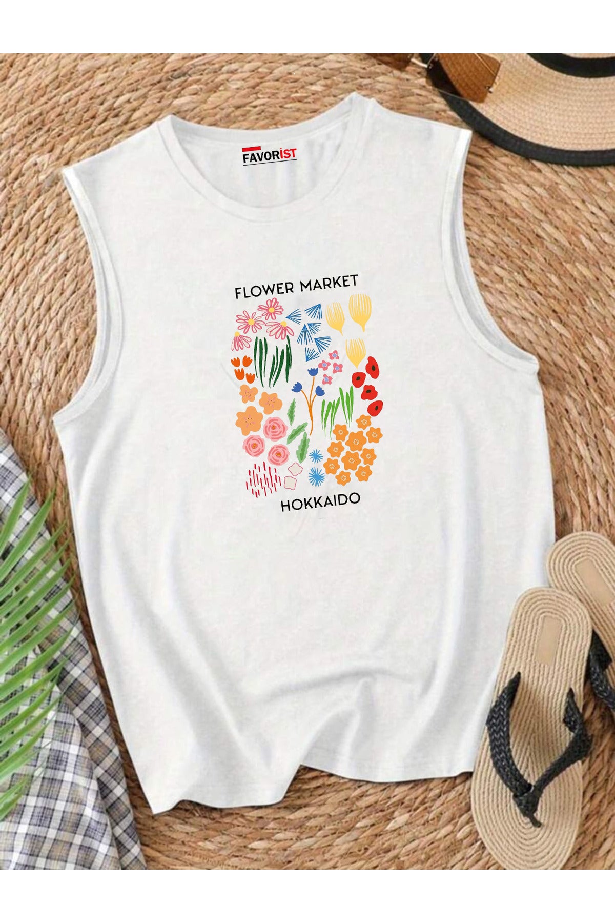 Şehrin Çiçekleri Omuzu Açık Kadın Pamuklu Kolsuz Yazlık T-shirt Atlet