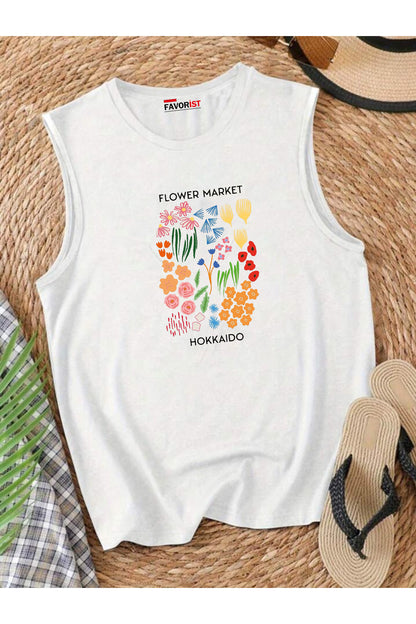 Şehrin Çiçekleri Omuzu Açık Kadın Pamuklu Kolsuz Yazlık T-shirt Atlet