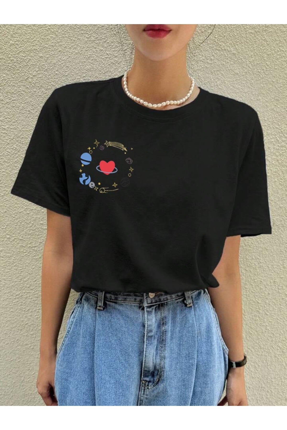 GALAXY Baskılı Pamuklu Kısa Kol (Oversize) Tshirt