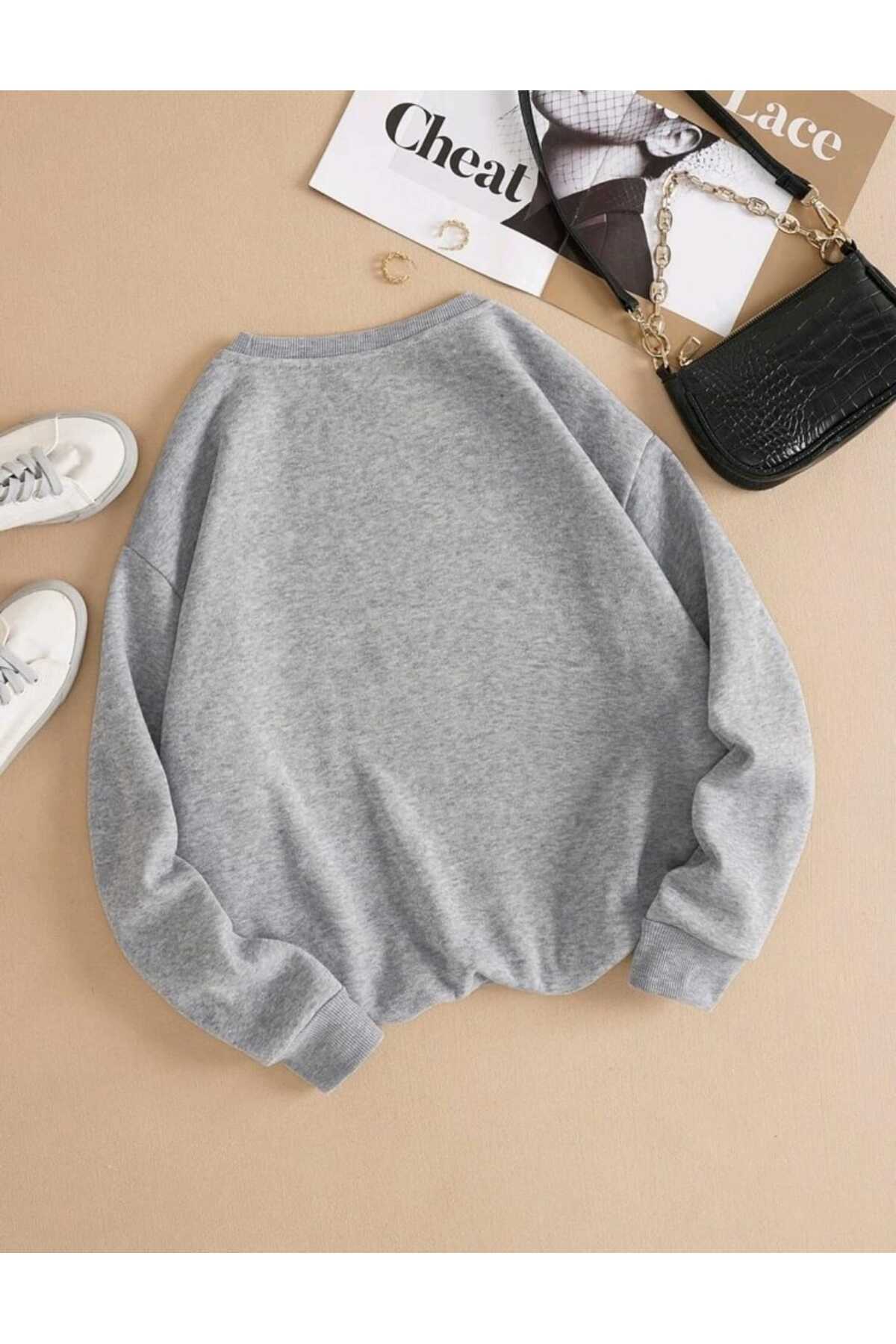UNISEX Dikey Yazı Baskılı Bisiklet Yaka OVERSIZE Sweatshirt