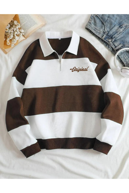 Original Unisex Kahverengi Çizgili Oversize Polo Yaka Yarım Fermuarlı Sweatshirt
