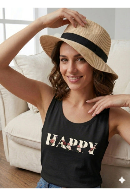 HAPPY Baskılı Omuzu Açık Kadın Atlet T-Shirt