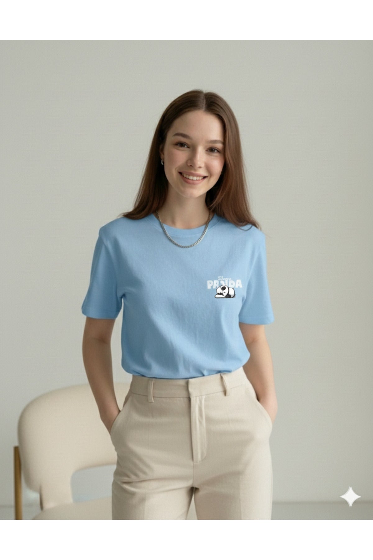 Sleepy Panda Baskılı Regular Kalıp Pamuklu Kadın Tshirt Tişört T-Shirt