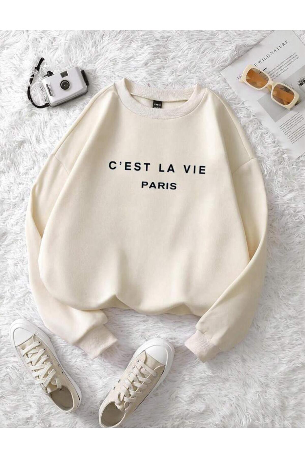 C'EST LA VIE Baskılı Bisiklet Yaka Sweatshirt