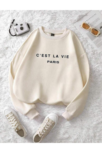 C'EST LA VIE Baskılı Bisiklet Yaka Sweatshirt