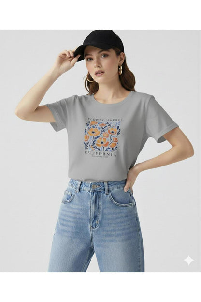 FLOWER MARKET California Baskılı Kadın Bisiklet Yaka Tshirt