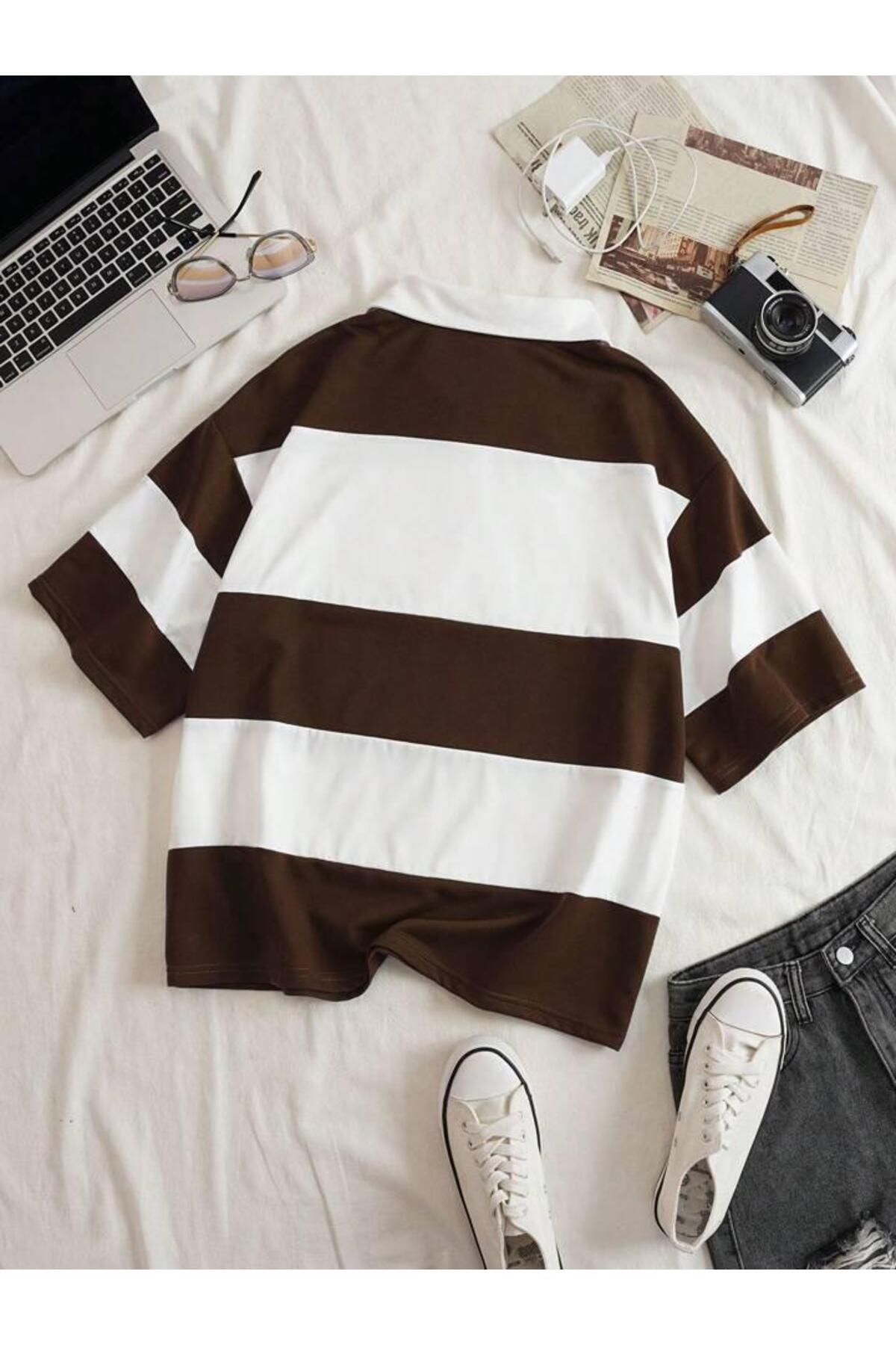 Unisex Multi Renk Düz Çizgili Fermuarlı Polo Yaka Oversize T-shirt