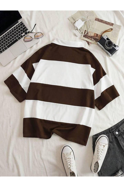 Unisex Multi Renk Düz Çizgili Fermuarlı Polo Yaka Oversize T-shirt