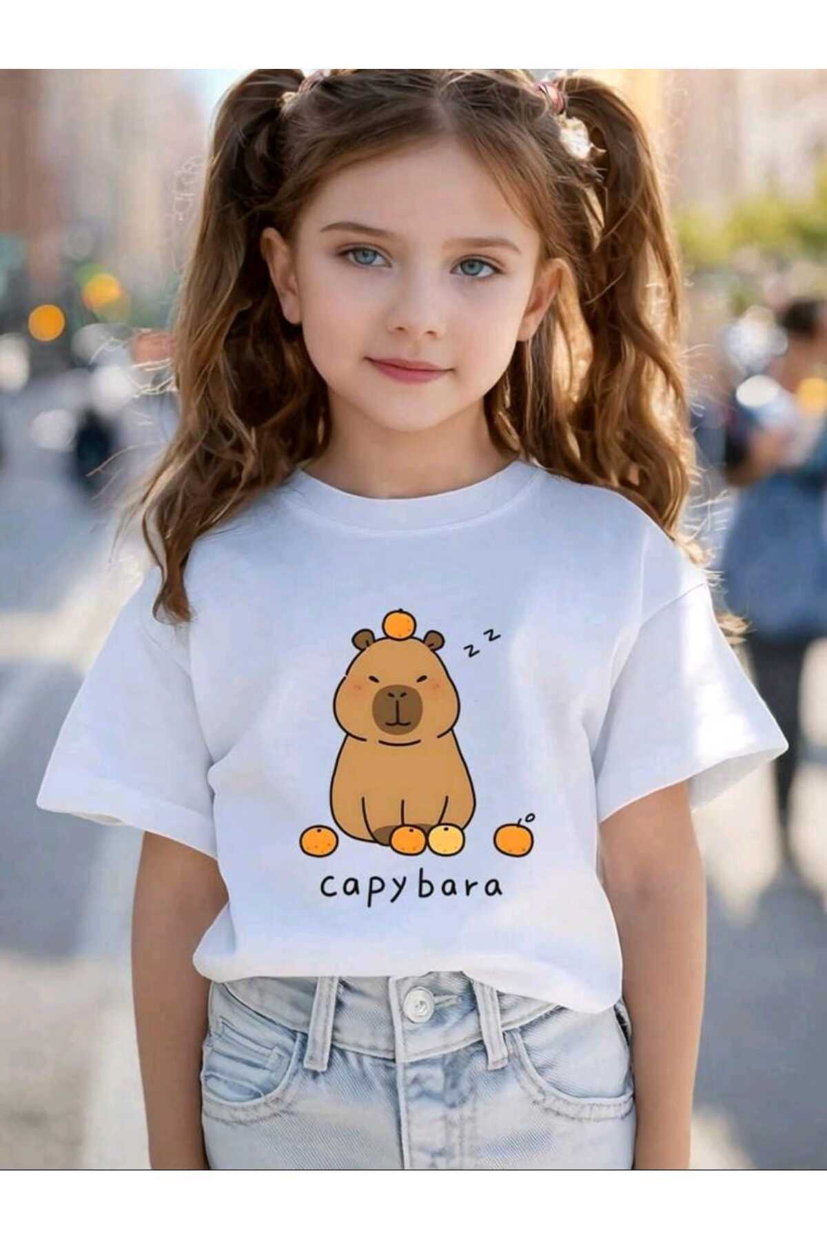 Çocuk CAPY BARA Baskılı Bisiklet Yaka Pamuklu T-shirt